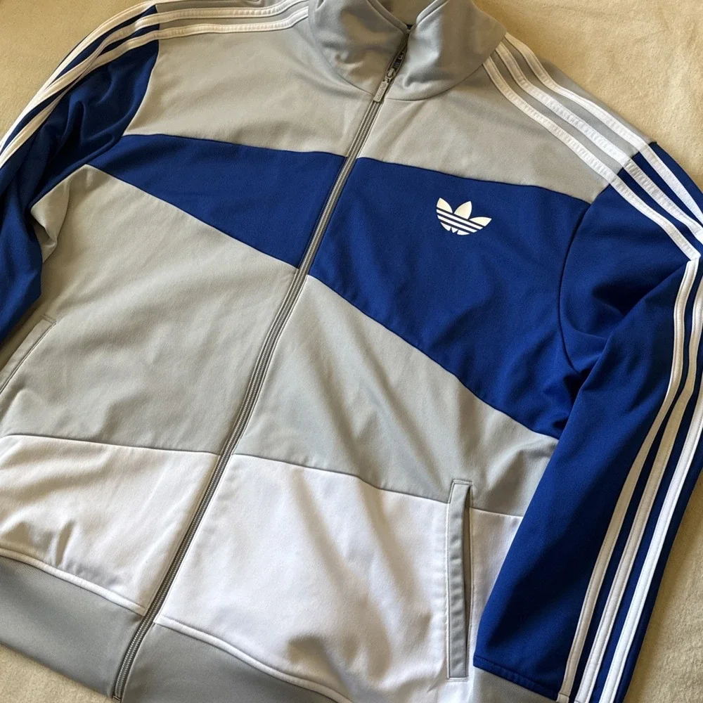Vintage Retro Adidas Blue White Full Zip Trefoil Track Jacket Size XXL